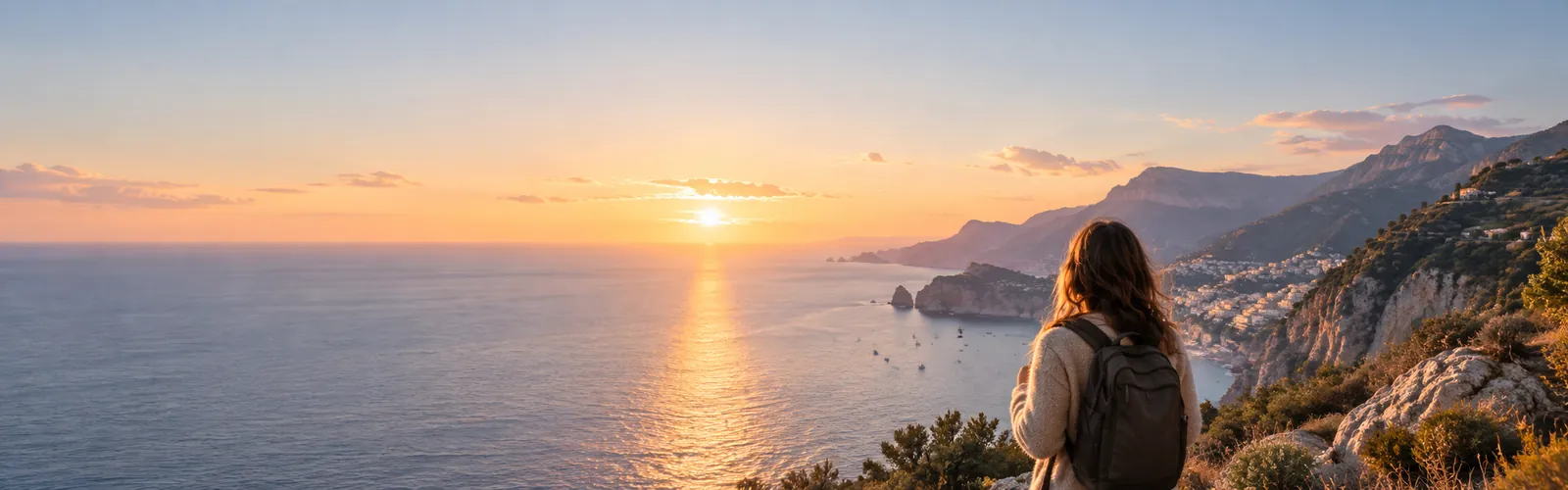 Una viaggiatrice guarda il mare al tramonto